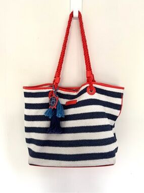 Vera Bradley Nautical Stripe Tote Bag with Blue Turtle and Coral Trim
